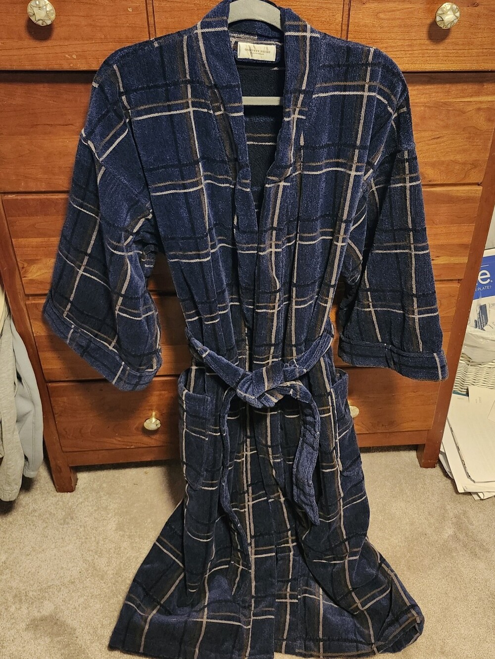 VTG Geoffrey Beene L/XL Navy Blue Plaid Belted Heavy Robe Turkish 100% Cotton